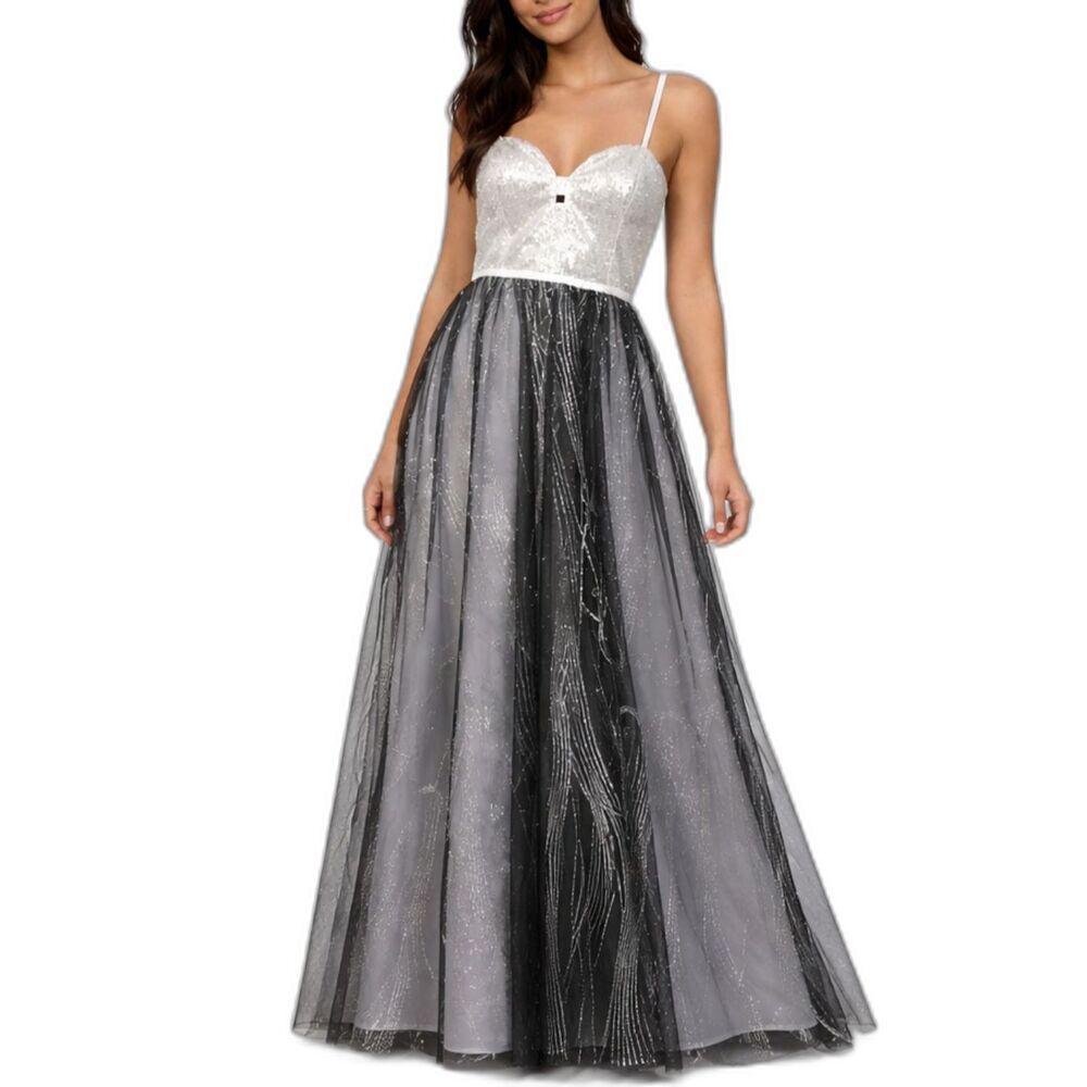 Silver & Black Sparkle Prom Long Dress with White Accents – Size 5/6 (NWT)